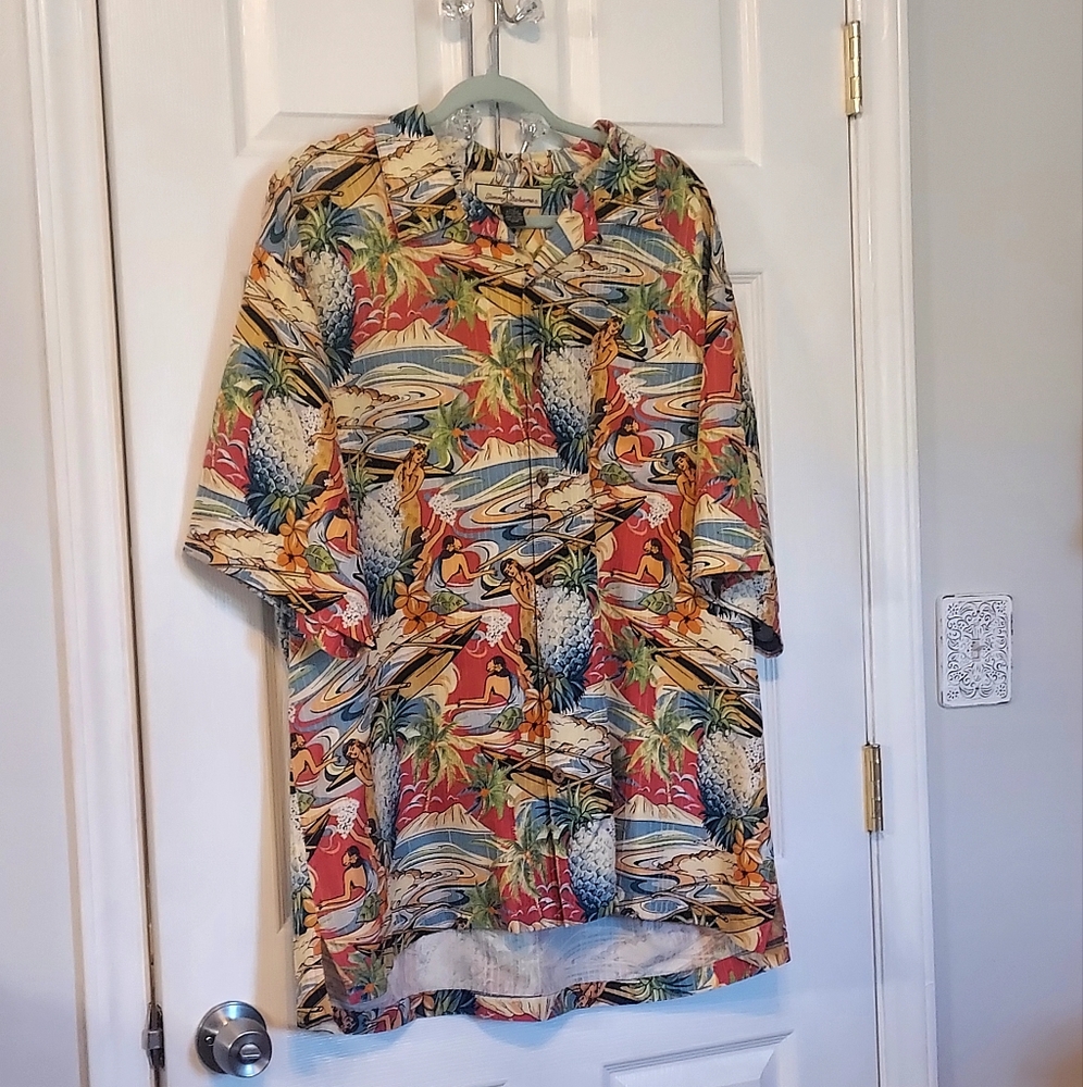 TOMMY BAHAMA Size XL Mens Silk Hula Girls Pineapple Boats Hawaiian Shirt…